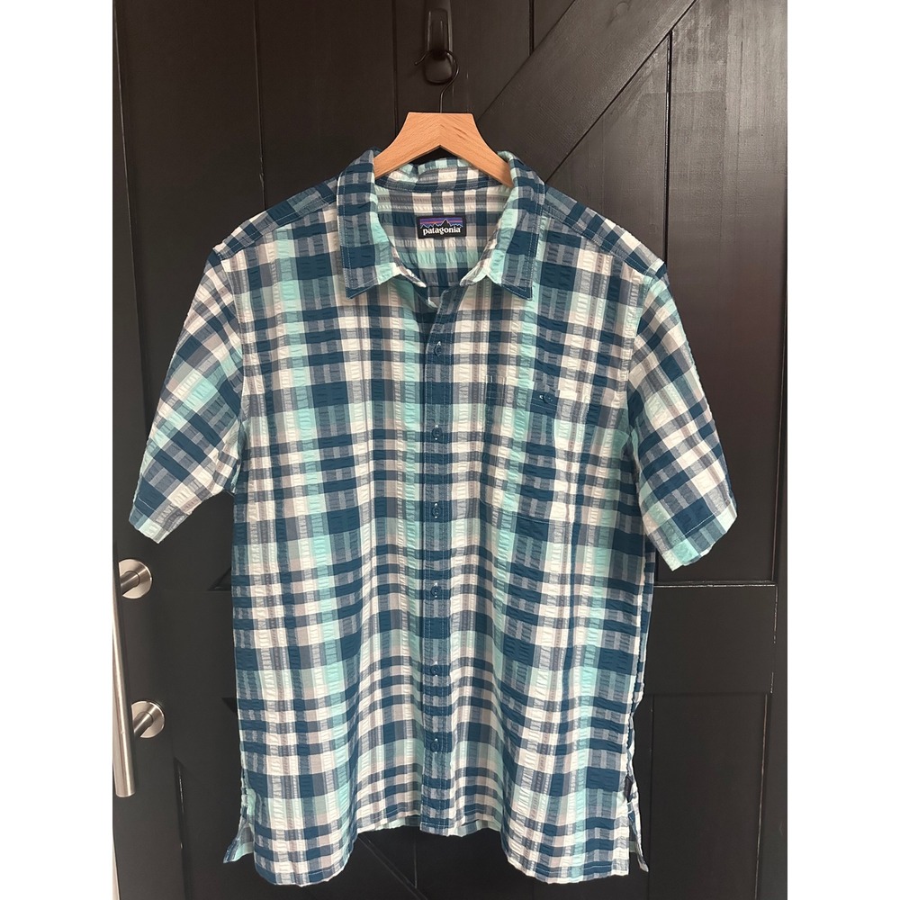 Patagonia Worn Wear Mens XL Teal Plaid Short Sleeve Button Down Shirt